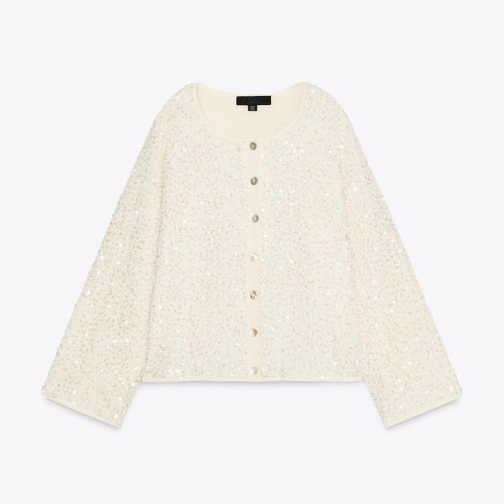 ZARA SEQUIN KNIT CARDIGAN BOAT NECK BUTTON FRONT NWT SIZE L - Picture 5 of 10